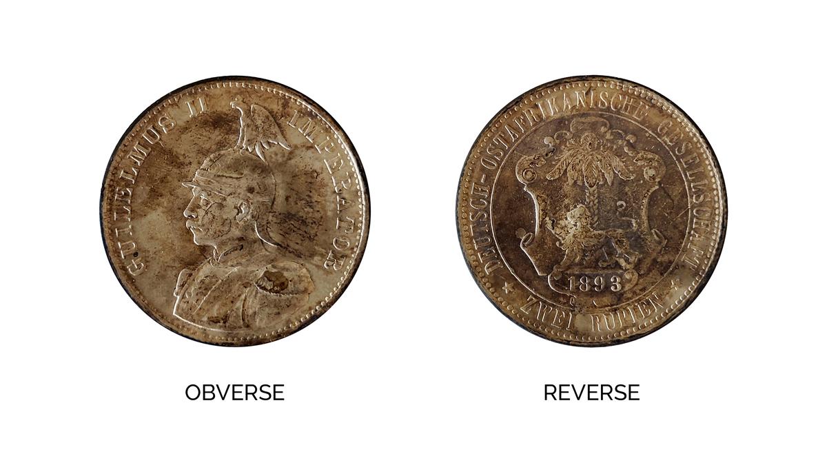 Guilelmus II, a silver double rupee of German East Africa — 1893 AD, double die struck. Guilelmus II, a silver double rupee of German East Africa — 1893 AD, double die struck.