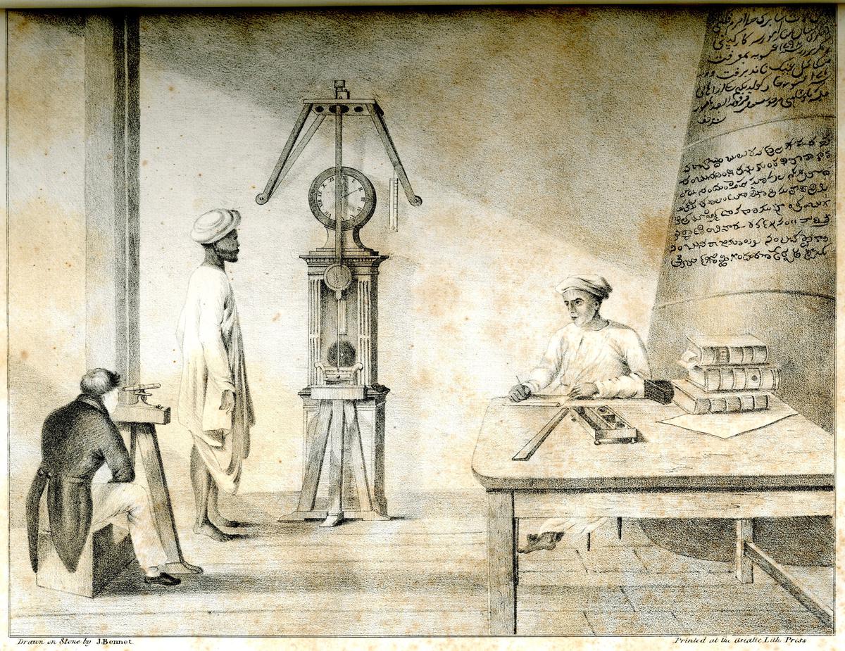 Goldingham swinging a Kater’s pendulum hung in front of a Haswell clock in the observatory in 1821.
The second assistant, Thiruvenkatachary, is reading the clock, while the first assistant, Srinivasachary, sitting near the 18 ft granite
pier, is noting down the reading (Phil. Trans. 18~2)