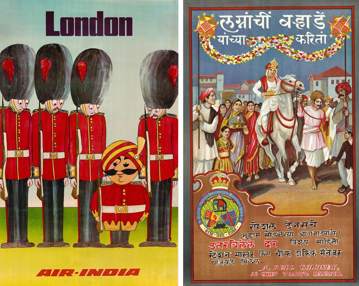 (Left to right) Air India’s poster; A poster by M.V. Dhurandhar is about special trains for marriages