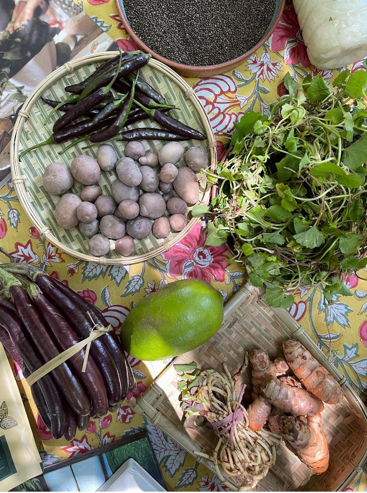 Some of what I brought back: the sweetest red potatoes, purple chillies, local varieties of brinjal, local lemon, fish mint roots, fresh Lakadong turmeric and Indian pennywort, which is eaten raw as a salad.