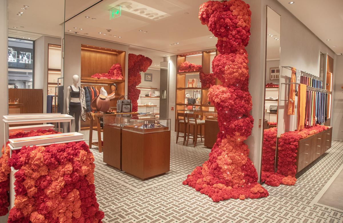 30,000 flowers made from reused fabric were installed at the Hermès Mumbai and New Delhi stores for Diwali