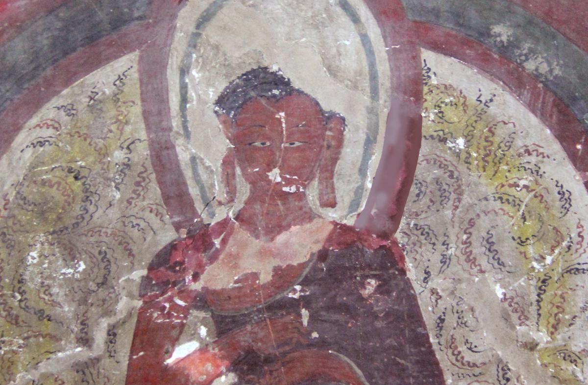 Detail of a painting after conservation of the 12th-century Mangyu Temple.
