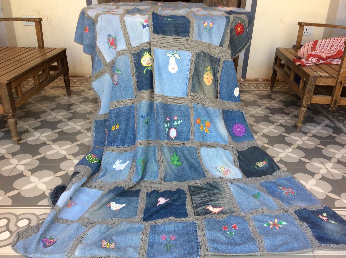 Savia upcycled her mother’s quilt, cutting up and crocheting together the pieces undamaged by mould