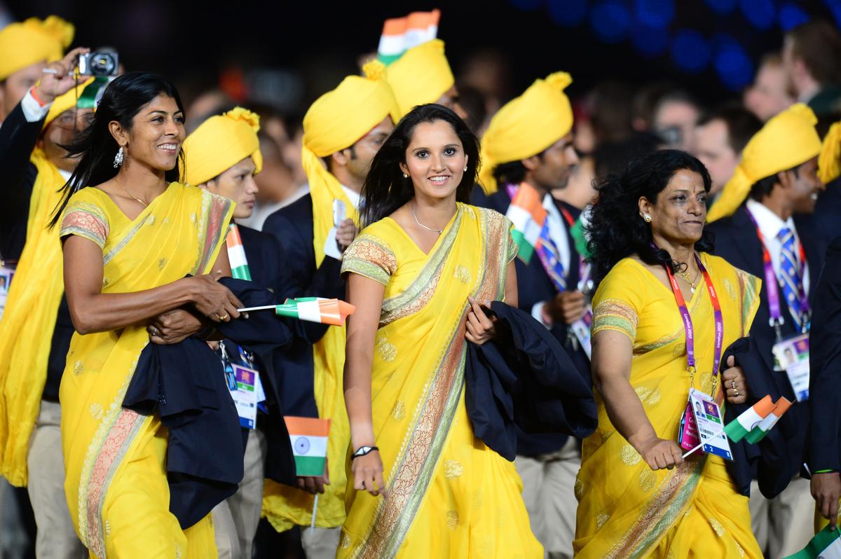 Tennis player Sania Mirza and others of the Indian delegation at the opening ceremony of the 2012 London Olympic Games 