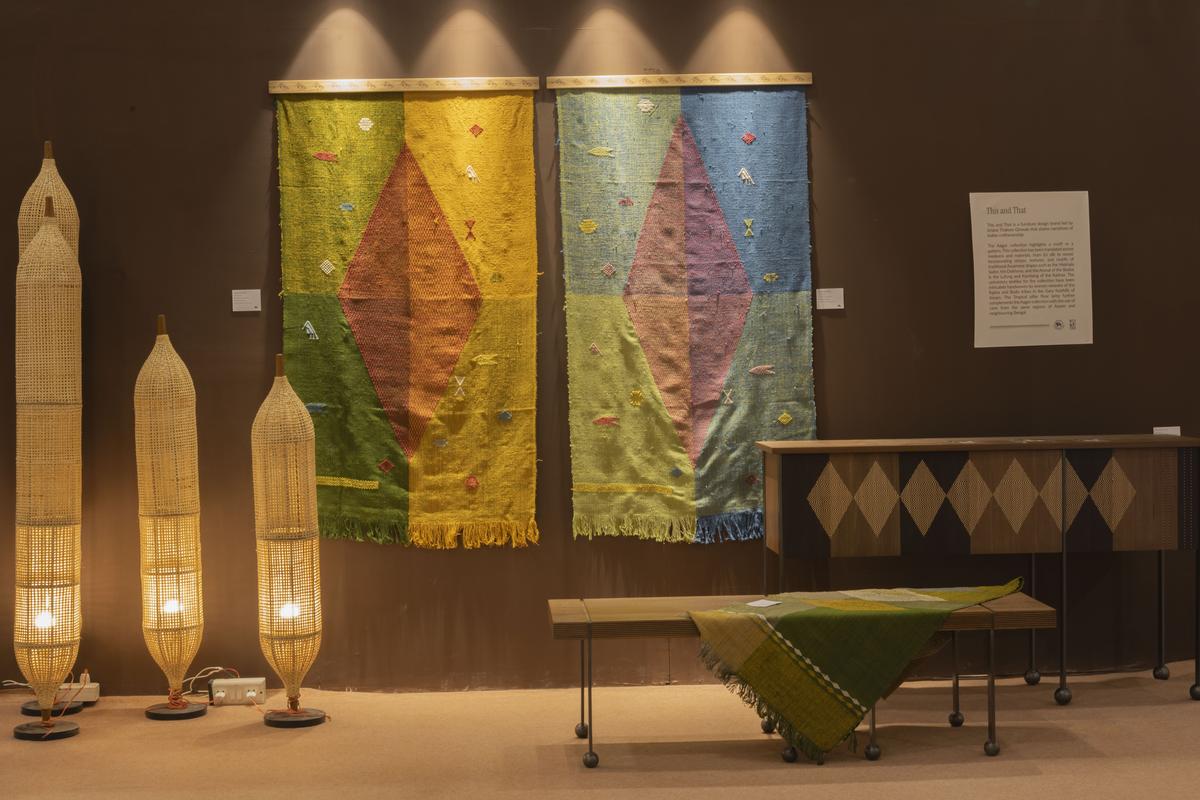 Wall hangings, upholstery textiles and pillar floor lamps by This and That, a furniture design brand led by Ariane Thakore Ginwala