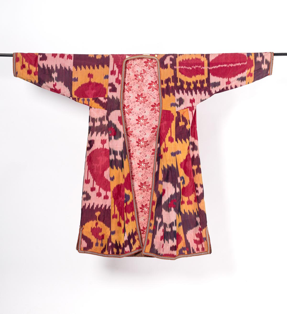 A woman’s ikat chapan from the 19th century. The jacket got its silky polish by being hammered with a wooden mallet and probably egg white