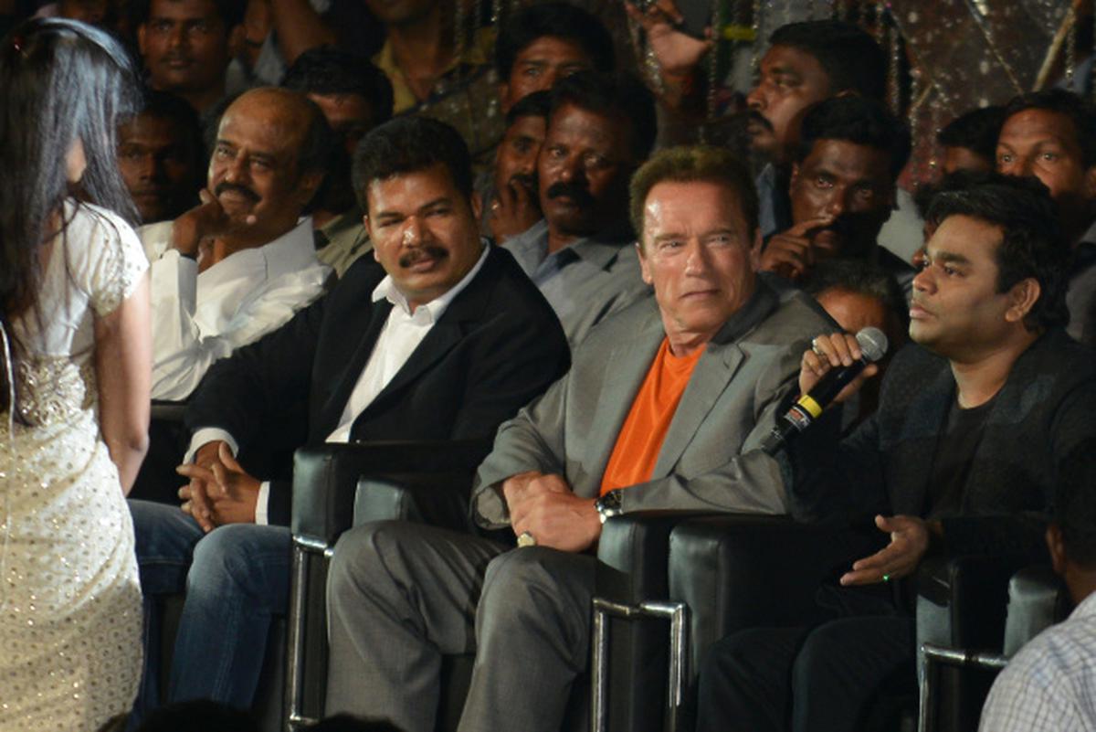 Chennai, 15/09/2014:  (from left to right) Rajinikanth, Shankar, Arnold Schwarzenegger and A.R.Rahman during the audio release of the film ‘Í’ held in Chennai 