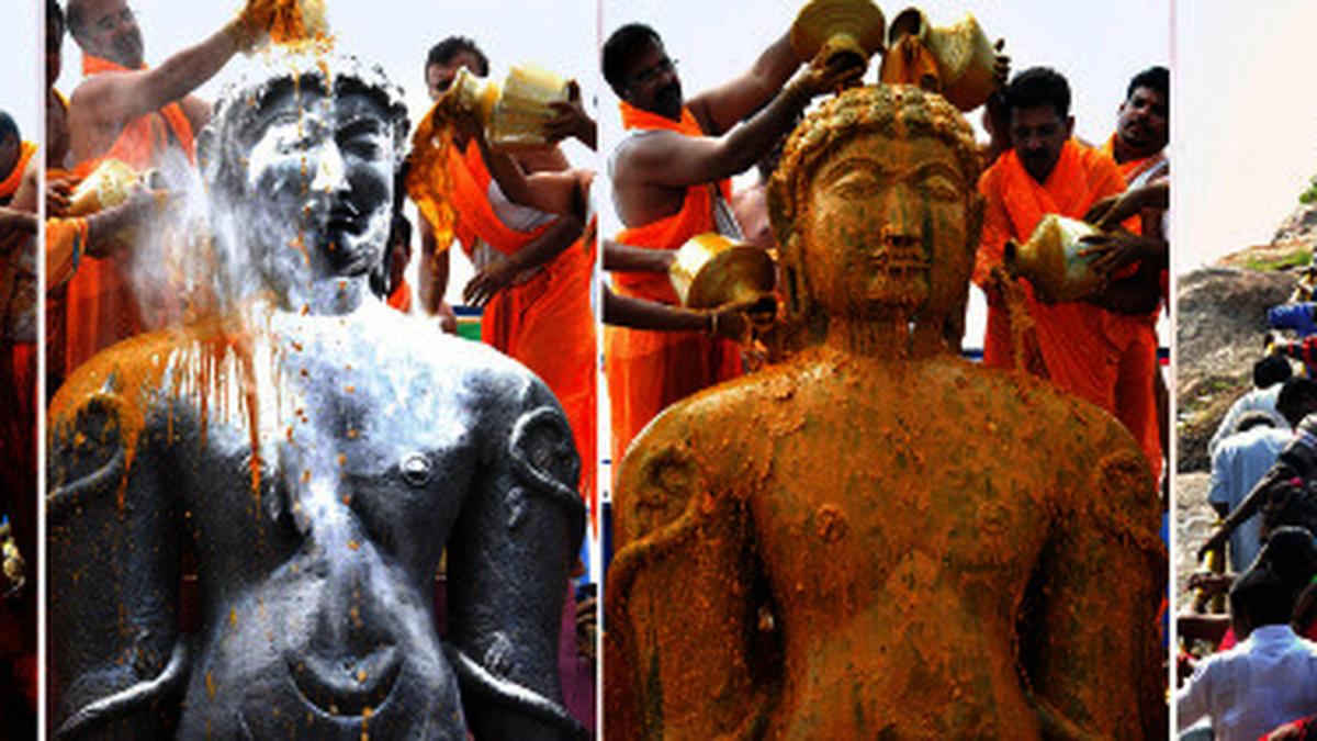 Gomateshwara statue takes many colours during Mastakabhisheka The Hindu