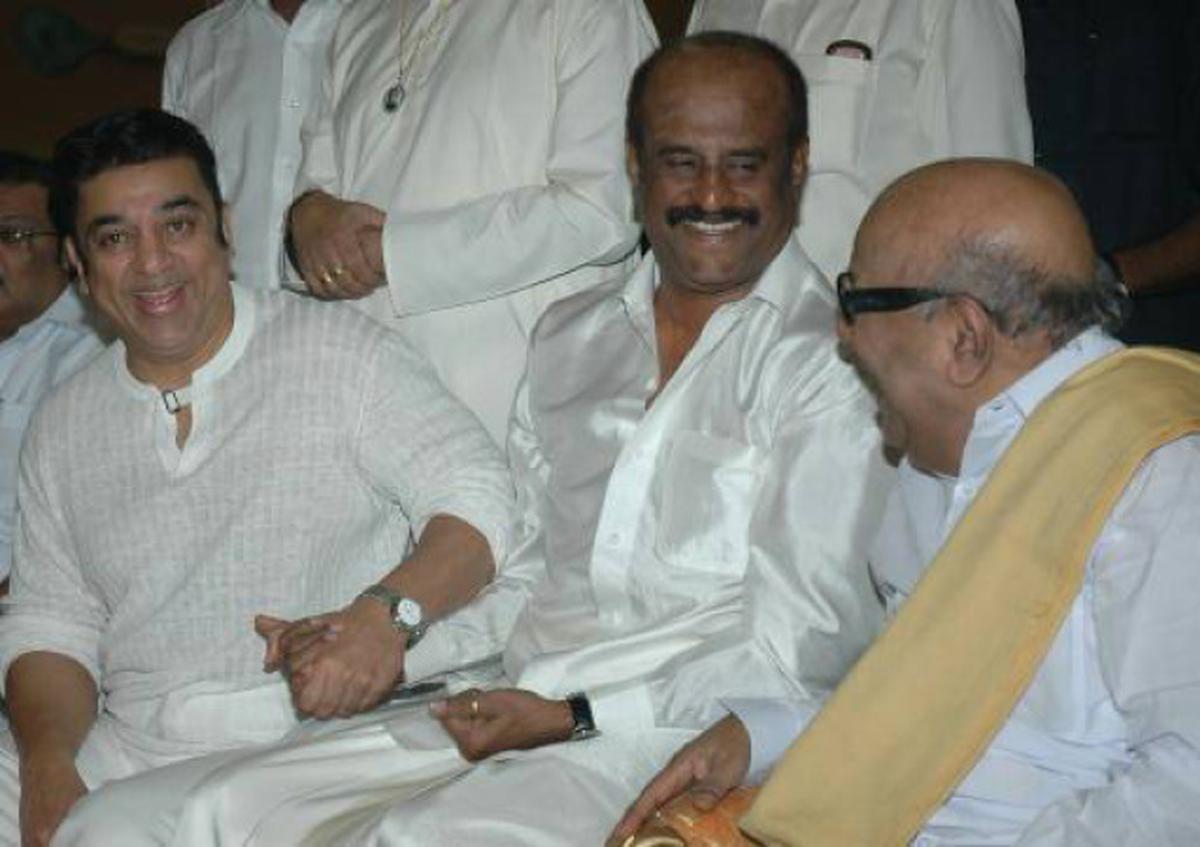 (L-R) Kamal Haasan, Rajinikanth and M Karunandhi