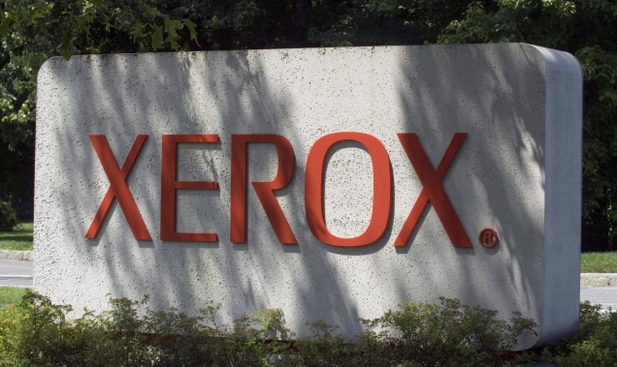 The Xerox logo outside the company’s Stamford, Connecticut, corporate headquarters as seen on July 25, 2007. In 2008, Xerox unveiled a new logo intended to scuttle its old image as a photocopier manufacturer and highlight its software, colour printers and other technologically updated products.
