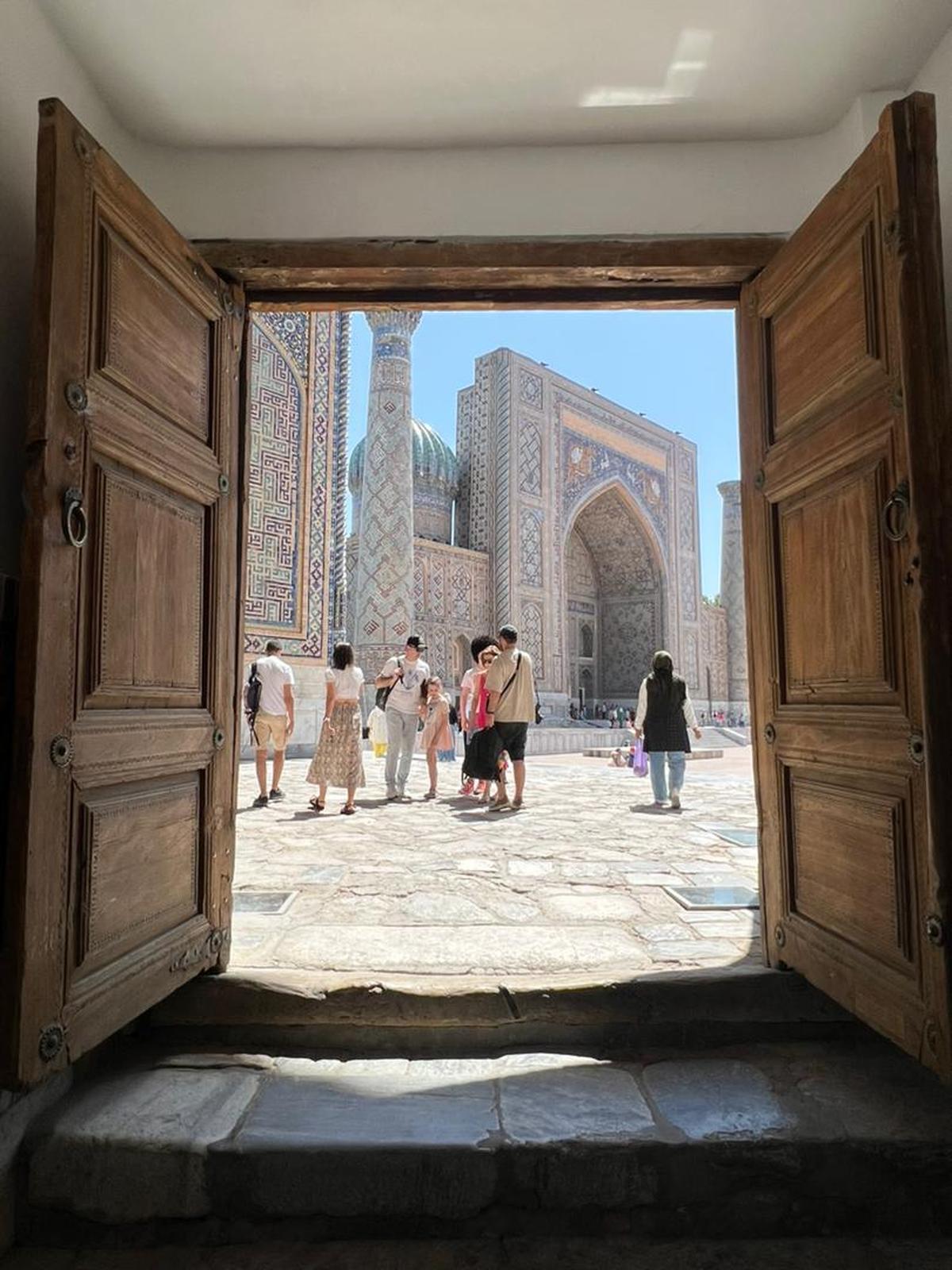 The portal of Sher-Dor Madrassa at Registan Square, Samarkand.
