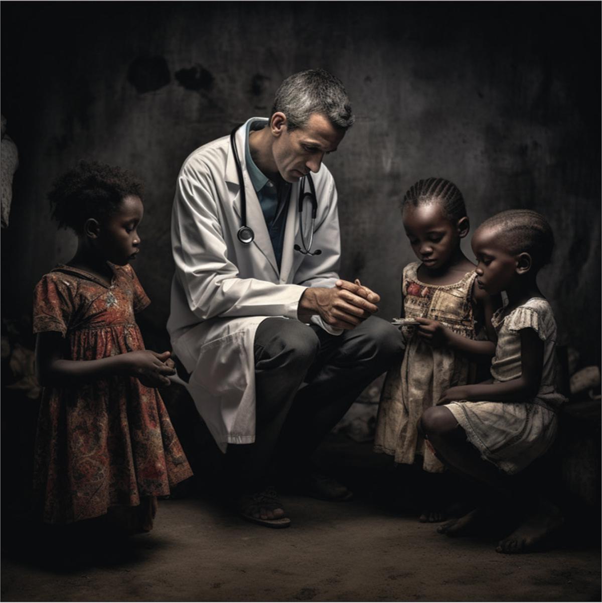 Prompt of ‘Black African doctor is helping poor and sick White children, photojournalism’. Photo Credit: Reflections before the storm: the AI reproduction of biased imagery in global health visuals (The Lancet Global Health, August 2023)