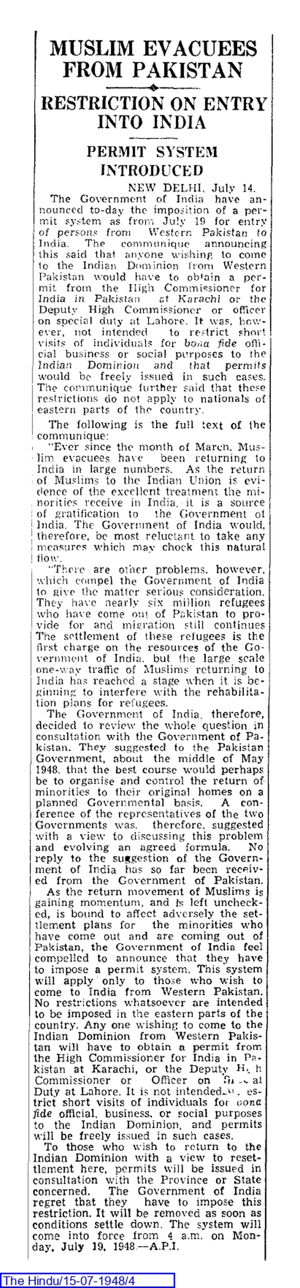 Report in The Hindu dated July 15, 1948. 