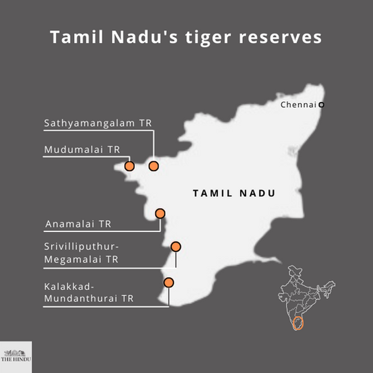A map of the tiger reserves in Tamil Nadu