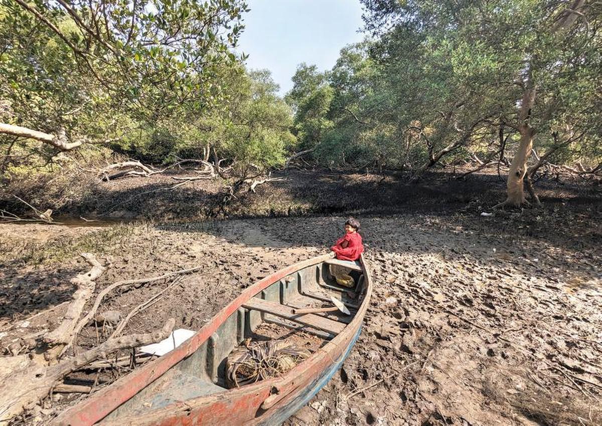 A girl sits on an abandoned boat in Gorai, where mangroves have been cut and wetlands filled with debris at a rapid pace over the past 10 years.