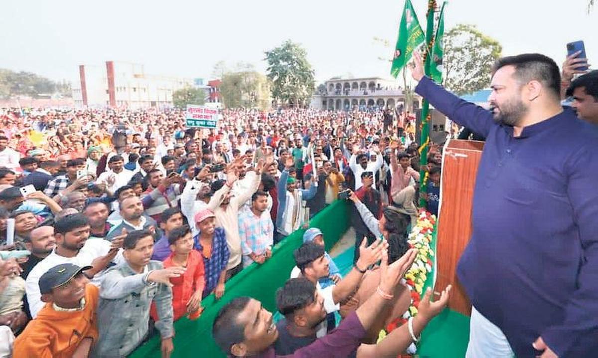 RJD leader Tejashwi Yadav at an event in Sitamarhi district to mark socialist leader Karpoori Thakur’s death anniversary on February 17.