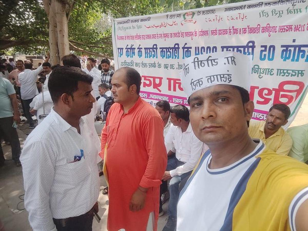 Ashraf Ali (wearing the cap), a teacher at Sultanul Uloom madrasa in U.P.’s Bahraich district, who heads the Madrasa Aadhunijikaran Shikshak Ekta Samiti, the teachers’ union.