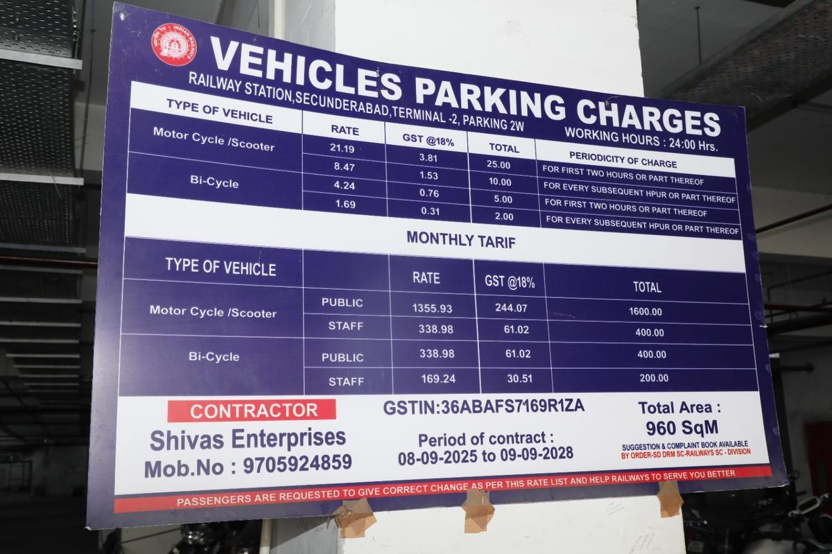 Parking charges displayed at key locations within the parking area at Secunderabad Railway Station