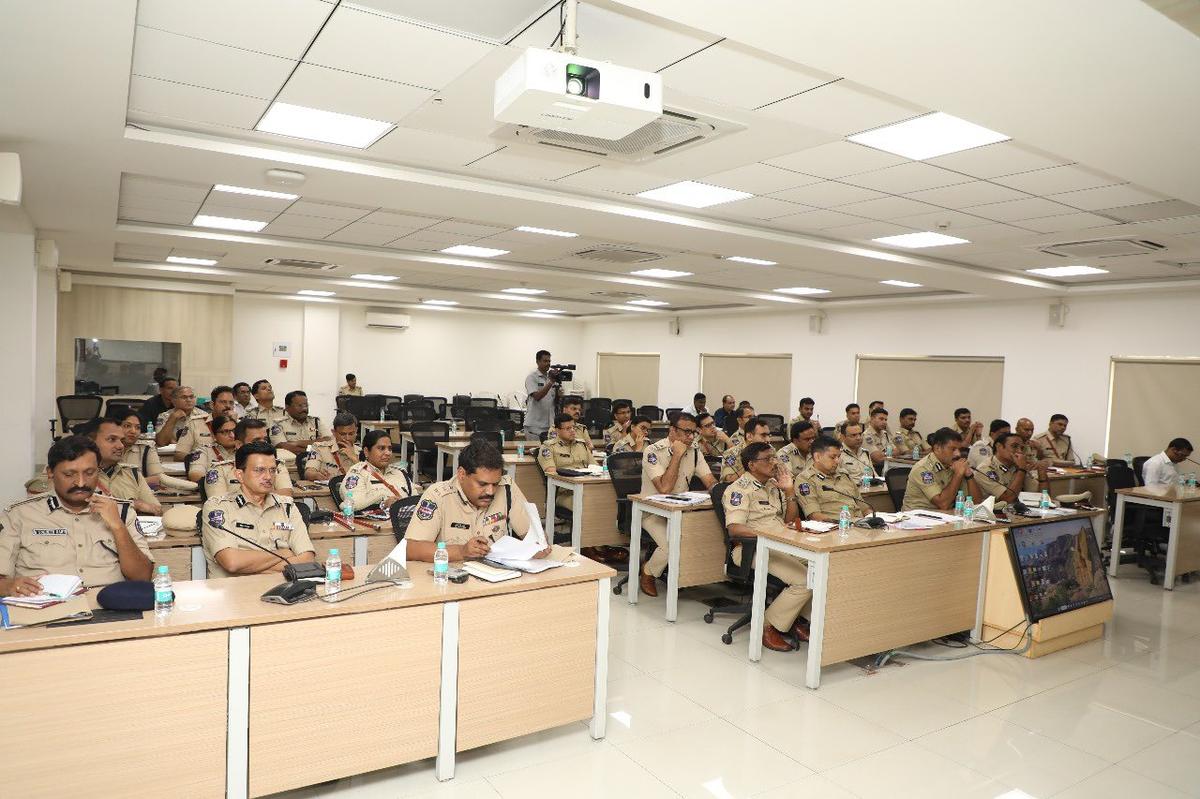 Senior police officials at a meeting held by Telangana DGP Dr. Jitender in Hyderabad on July 16, 2024.