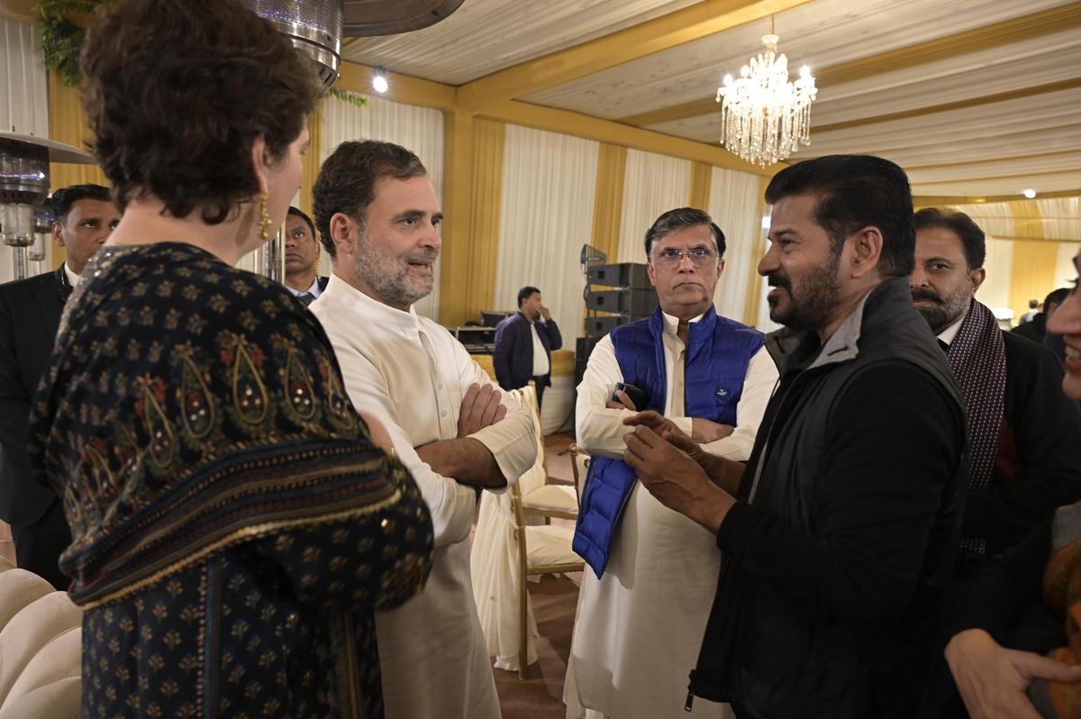 Telangana Chief Minister A. Revanth Reddy with Leader of Opposition in Lok Sabha, Rahul Gandhi, and Congress general secretary, Priyanka Gandhi. Telangana Chief Minister A. Revanth Reddy with Leader of Opposition in Lok Sabha, Rahul Gandhi, and Congress general secretary, Priyanka Gandhi.