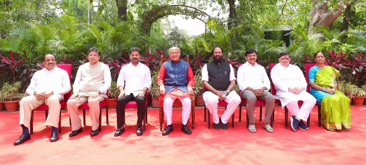 C.P. Radhakrishnan, who was sworn in as Governor of Telangana on March 20, 2024, with Chief Minister A. Revanth Reddy and the State Cabinet Ministers.