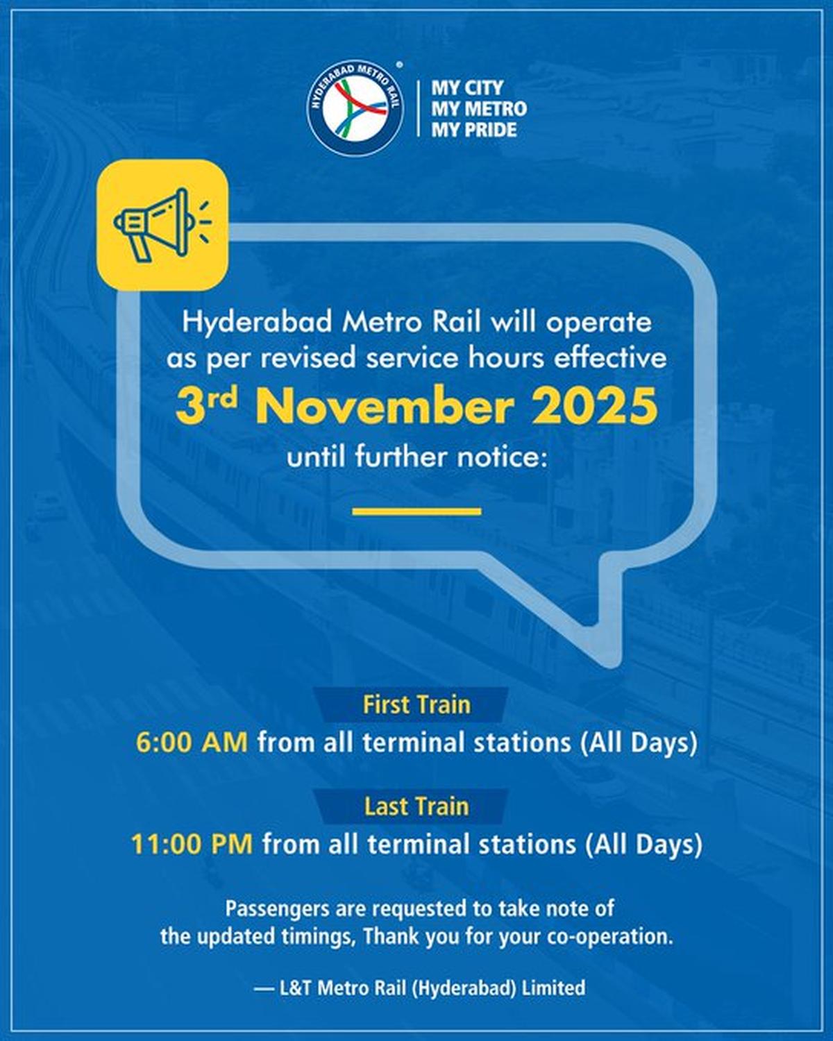 Revised timings of Hyderabad Metro Rail Revised timings of Hyderabad Metro Rail