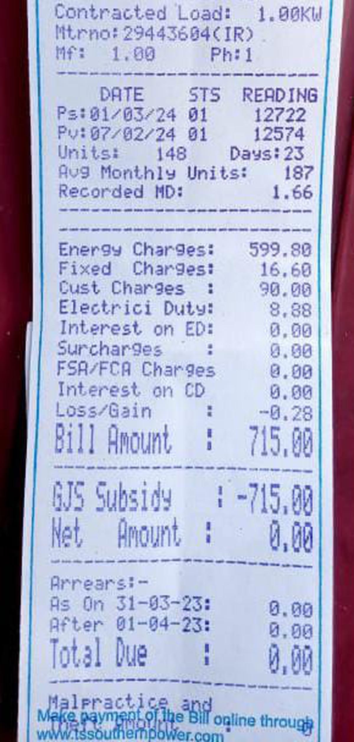 Zero electricity bill received by one of the consumers in Sangareddy in Telangana. 