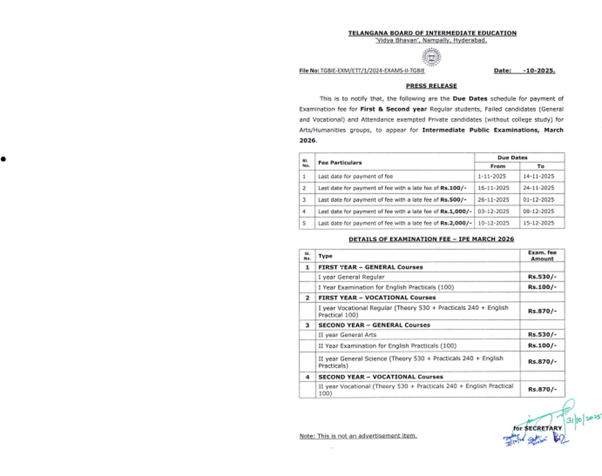 Schedule for payment of fee for Telangana Intermediate Exam-2026 Schedule for payment of fee for Telangana Intermediate Exam-2026