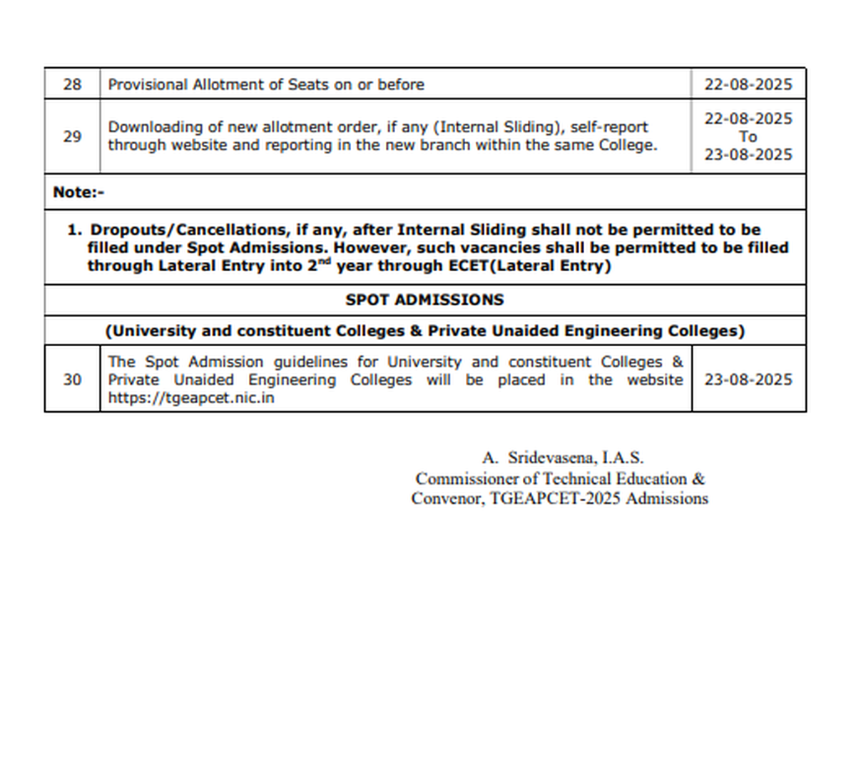 A part of the counseling schedule for admissions approved by Telangana State Engineering, Agriculture and Pharmacy Common Entrance Test (TGEAPCET) - 2025 Admission Committee