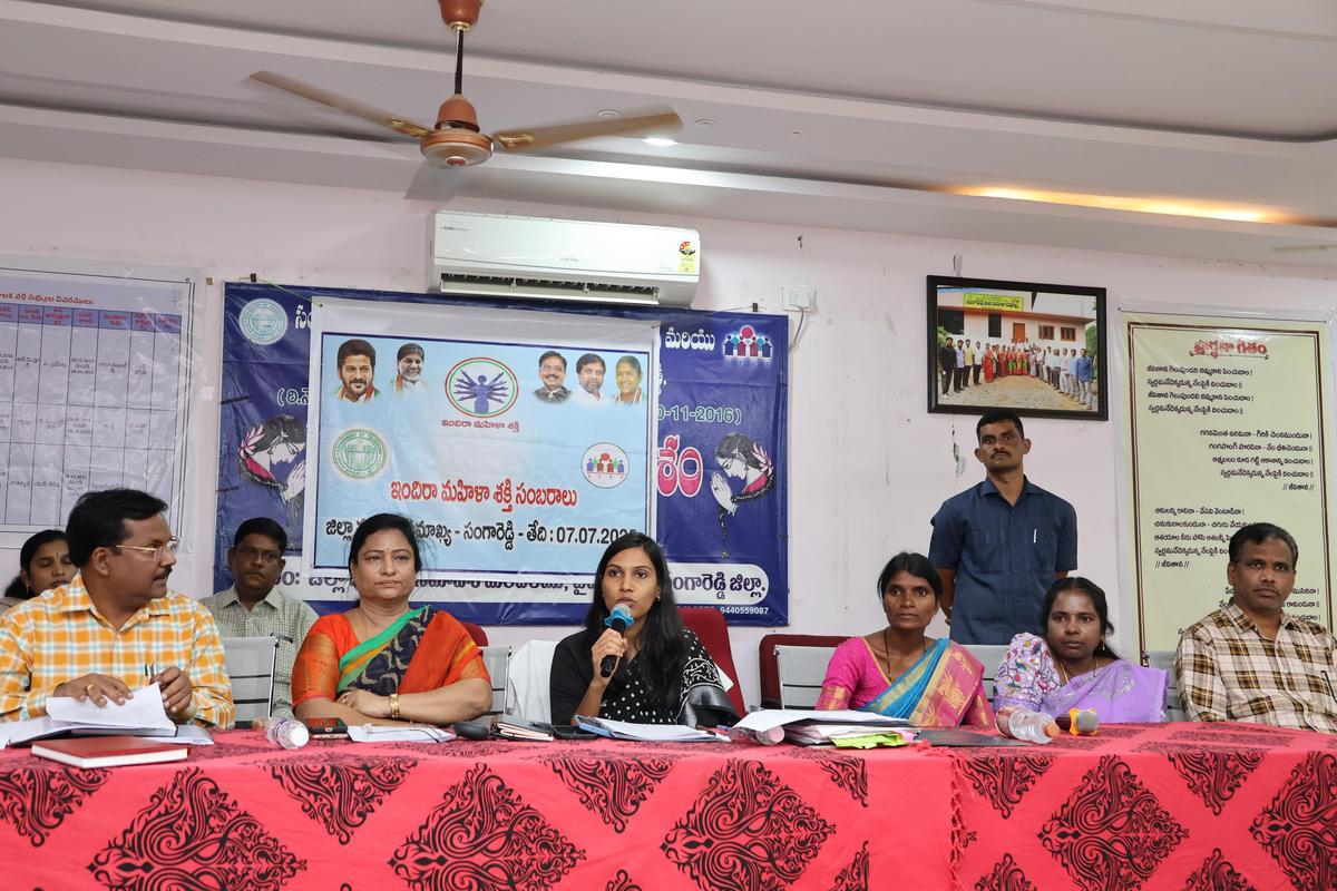 Sangareddy collector P Pravinya and others at a meeting held on Monday (July 7, 2025).