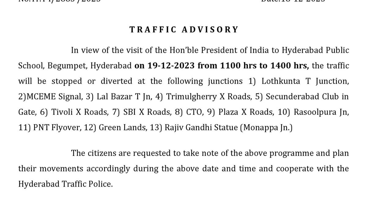 Traffic diversions in view of President’s visit to Hyderabad Public School today