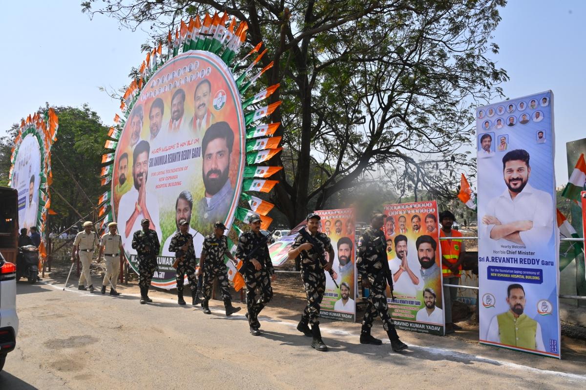 Expecting protests, police personnel threw a security dragnet around the Goshamahal stadium area in Hyderabad where Telangana Chief Minister A. Revanth Reddy laid the foundation stone for the new Osmania General Hospital. 