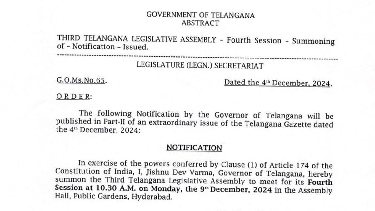 Winter session of Telangana Legislature from December 9