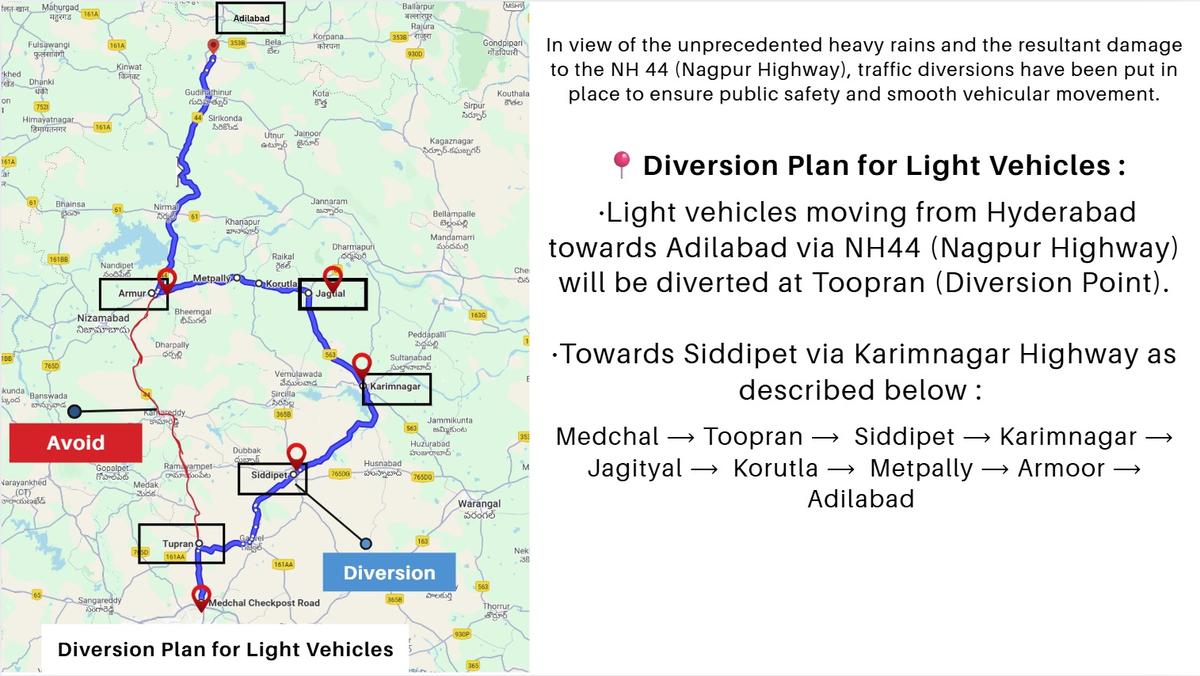 Traffic diversion plan for light vehicles on Nagpur Highway (NH 44), announced by Cyberabad Police on Thursday (August 28, 2025). Traffic diversion plan for light vehicles on Nagpur Highway (NH 44), announced by Cyberabad Police on Thursday (August 28, 2025).