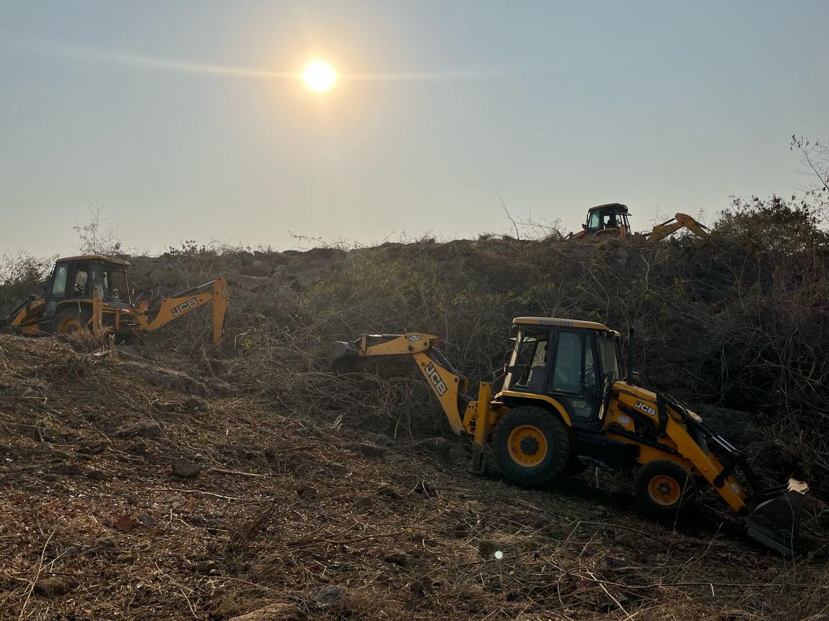 Large swathes of vegetation inside the secluded area in the 400 acres of land in Kancha Gachibowli, near the Mushroom Rock, was cleared using heavy machinery. 