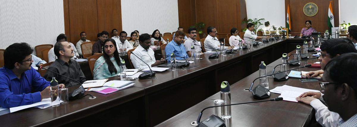 Chief Secretary to Telangana Government A Santhi Kumari held a video conference with the district collectors to review the arrangements made pertaining to drinking water situation, opening up of paddy procurement centres, emergency maintenance works in schools and heat wave conditions, on April 10, 2024.