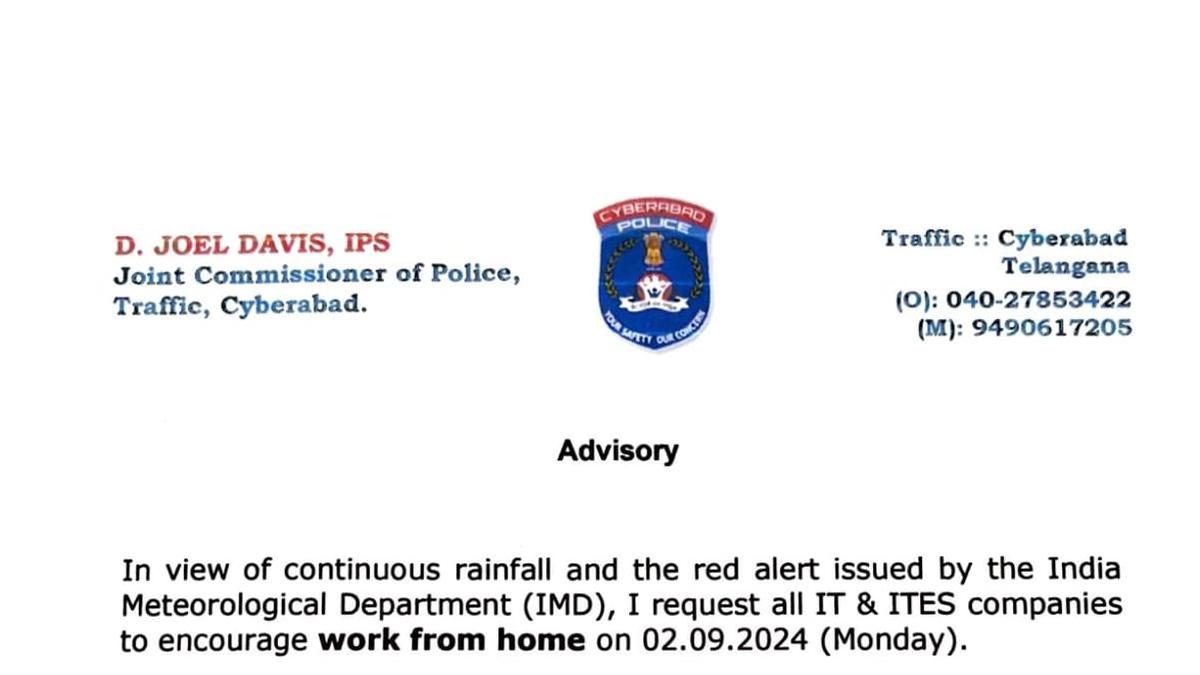 Cyberabad Police advises work-from-home on Monday due to heavy rainfall