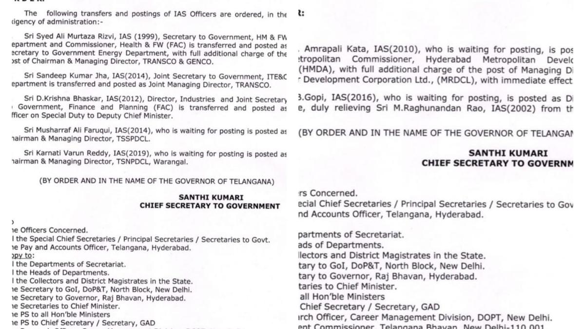 Seven IAS officers get new postings in a minor reshuffle by Telangana Govt