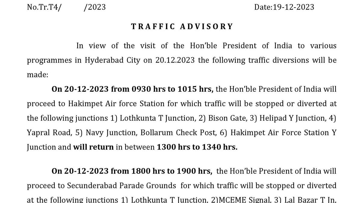 President Murmu’s events: Traffic curbs in Hyderabad today