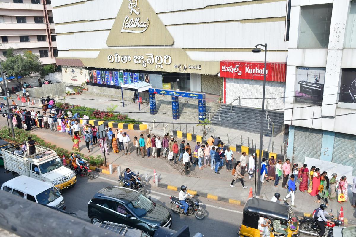 The queue of people stretched for a long distance from Mahatma Jyotiba Phule Praja Bhavan in Hyderabad on December 15, 2023