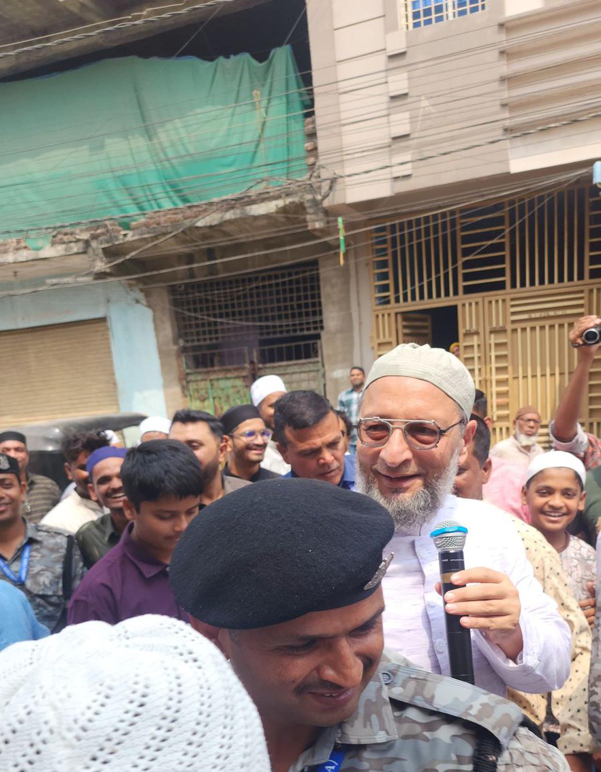 With a microphone in his hand, AIMIM chief and Hyderabad MP Asaduddin Owaisi held paidal daura, a popular expression which is the equivalent of padyatra, in Hyderabad beginning door-t0-door campaigning ahead of Lok Sabha polls 2024.