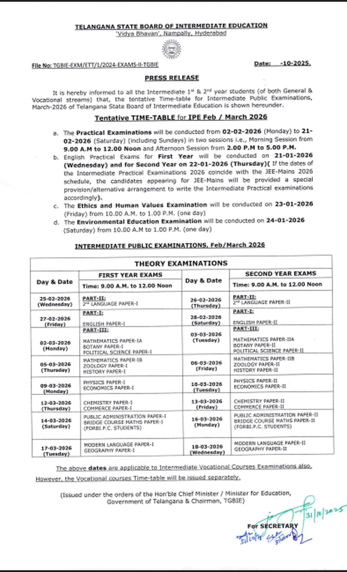 Schedule of the Telangana Intermediate Exam-2026 Schedule of the Telangana Intermediate Exam-2026