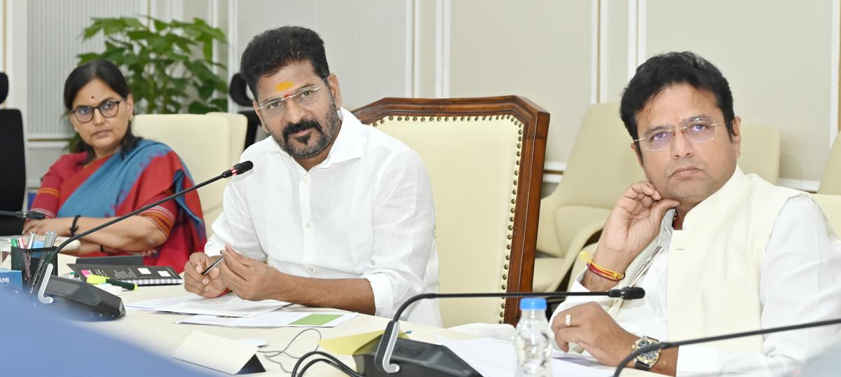 Telangana Chief Minister A. Revanth Reddy, Industries Minister D. Sridhar Babu and Chief Secretary A. Santhi Kumari at a meeting with the delegation from Godrej Agrovet Company Limited at Dr.  BR Ambedkar Telangana State Secretariat on January 9, 2024.