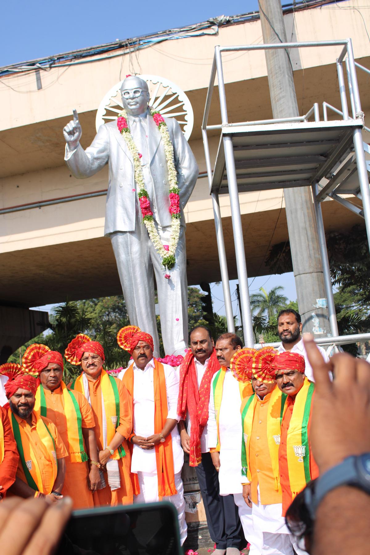 BJP MLA elects garlanded the statue of Dr. B.R. Ambedkar at Tank Bund on December 9, 2023.