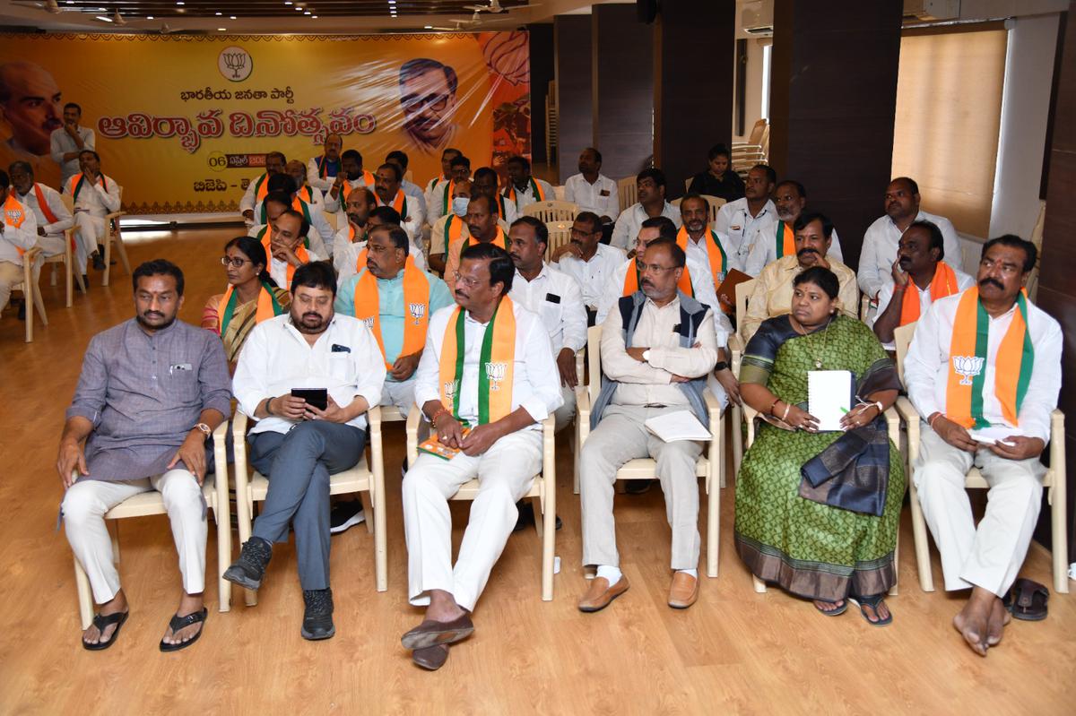 Telangana BJP leaders at a meeting held at the party office in Hyderabad on January 8, 2024.