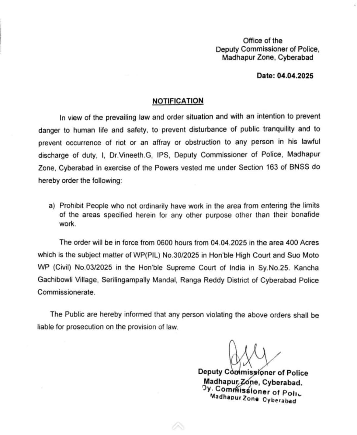 The official notification issued by Madhapur DCP Vineeth G on Friday (April 4, 2025) The official notification issued by Madhapur DCP Vineeth G on Friday (April 4, 2025)