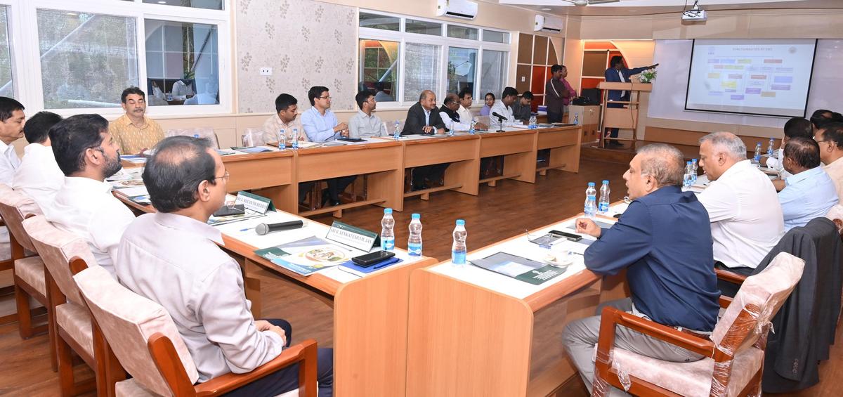 Telangana Chief Minister A. Revanth Reddy, IT and Industries Minister D. Sridhar Babu along with officials at a meeting.