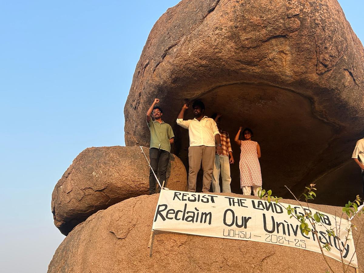 UoH students stage day-long protest against the proposed auction at Kancha Gachibowli UoH students stage day-long protest against the proposed auction at Kancha Gachibowli
