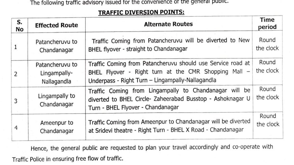 Traffic diversions around BHEL junction on March 7 and 8