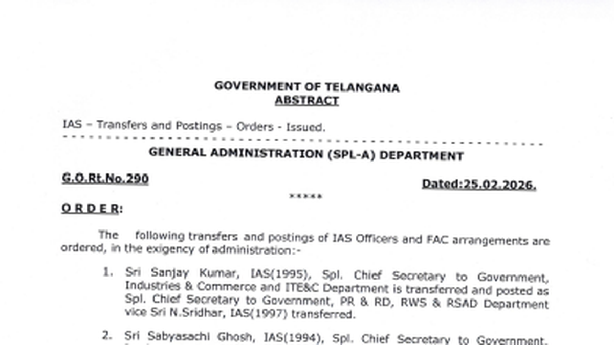Telangana IAS transfers Feb 2026 | Major reshuffle across key departments and district collector posts